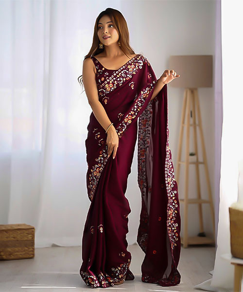 Red Satin Chiffon Casual Wear Saree in mumbai