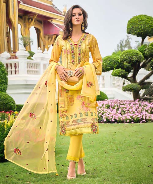 Yellow Muslin Casual Wear Salwar Kameez