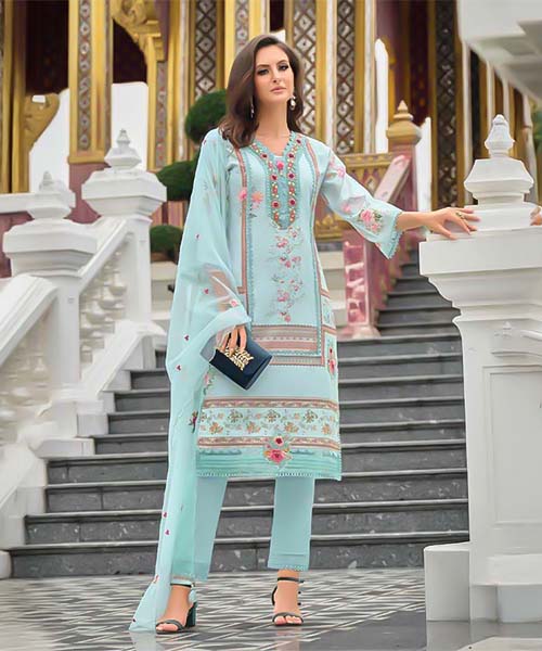 Sky Blue Muslin Casual Wear Salwar Kameez