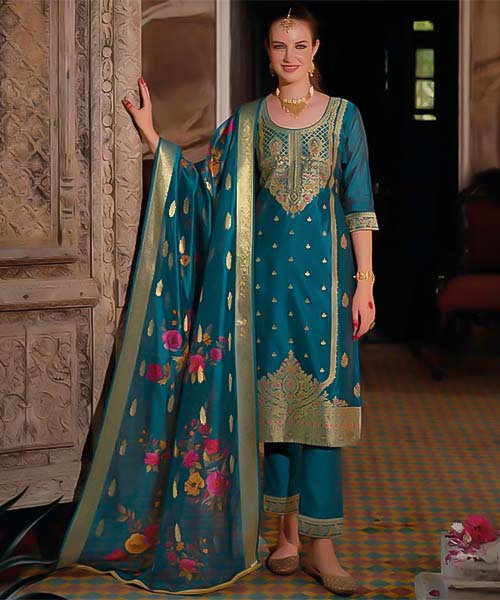 Blue Organza Jacquard Casual Wear Salwar Kameez