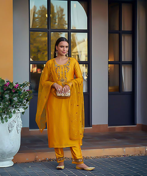 Yellow Vichitra Silk Party Wear Salwar Kameez