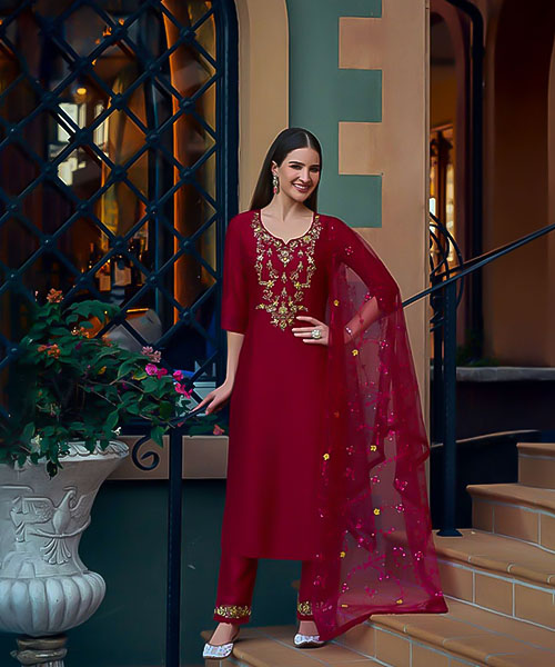 Red Vichitra Silk Party Wear Salwar Kameez