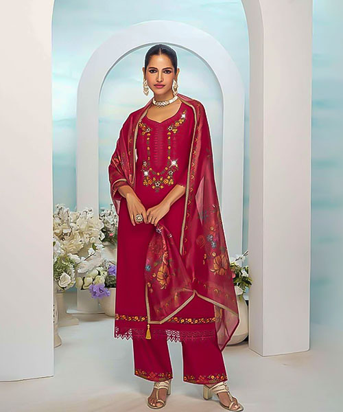 Red  Viscose Silk Party Wear Salwar Kameez