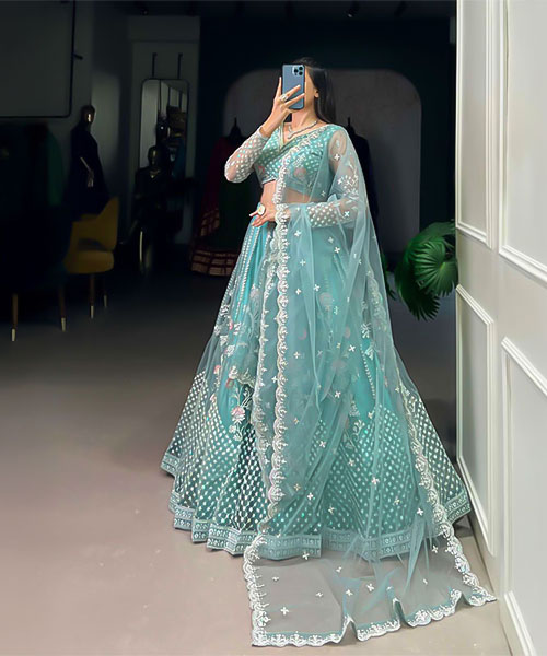 Sky Blue Net Party Wear Lehenga in united kingdom
