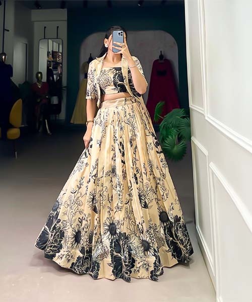 Yellow  Tusser Silk Casual Wear Lehenga in ripon