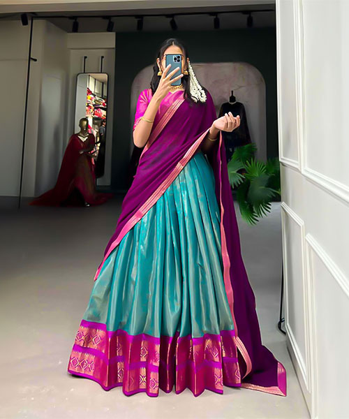 Sky Blue Kanchipuram Casual Wear Lehenga in ripon