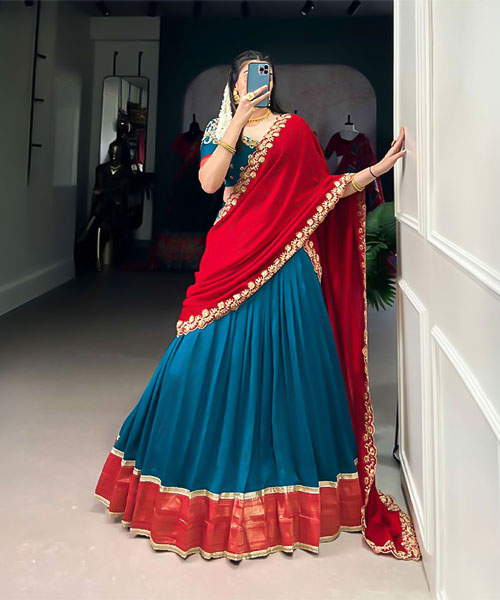 Blue  Vichitra Silk Party Wear Lehenga in ripon