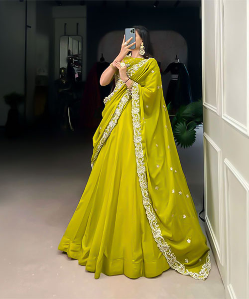 Green  Vichitra Silk Party Wear Lehenga in peterborough