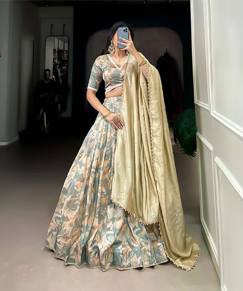 Green  Tusser Silk  Casual Wear Lehenga