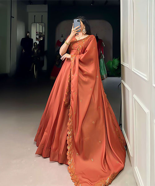 Orange  Korean Pure Tussar   Casual Wear Lehenga in canada