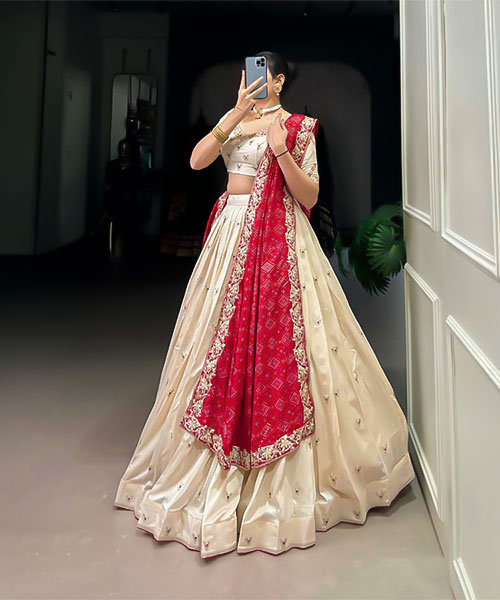 White  Vichitra Silk    Casual Wear Lehenga in canada