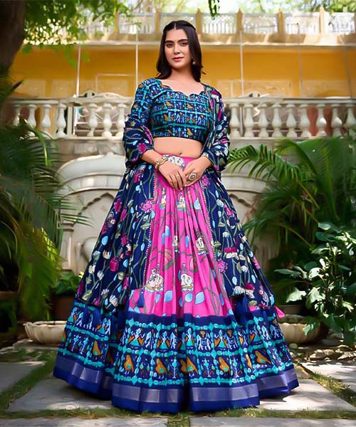 Blue  Tusser Silk  Casual Wear Lehenga