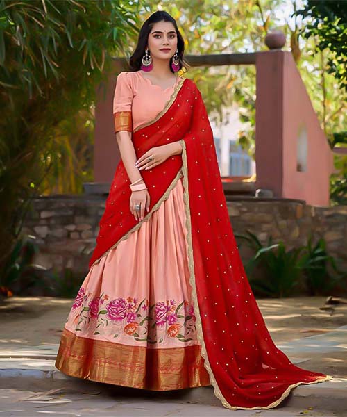 Pink Cotton Silk Party Wear Lehenga