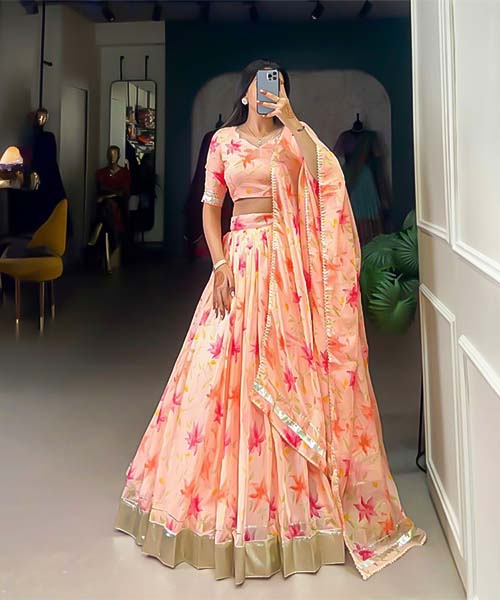 Orange  Tabby Silk Casual Wear Lehenga