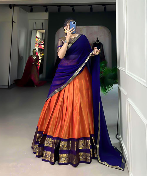 Orange  Kanchipuram Casual Wear Lehenga in ripon