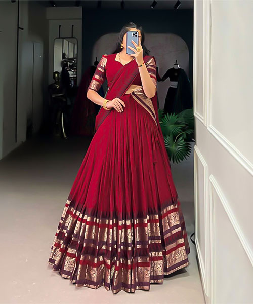 Red  Chanderi Casual Wear Lehenga in armagh