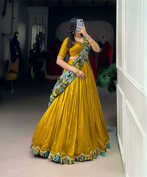 Yellow Vichitra Silk Party Wear Lehenga in luton