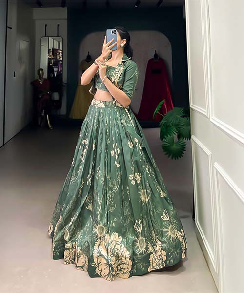 Green  Tusser Silk Casual Wear Lehenga in ripon