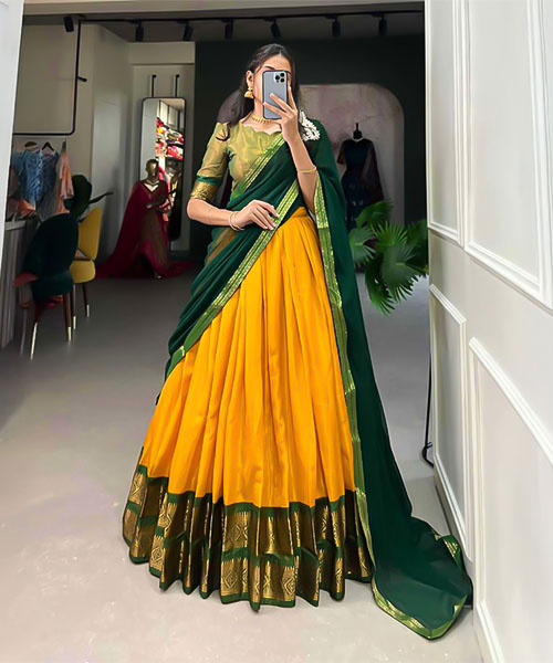 Yellow Kanchipuram Casual Wear Lehenga in ripon