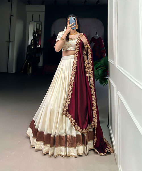 White  Vichitra Silk Party Wear Lehenga in ripon
