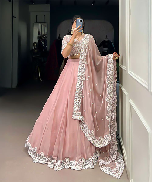 Salmon Vichitra Silk Party Wear Lehenga