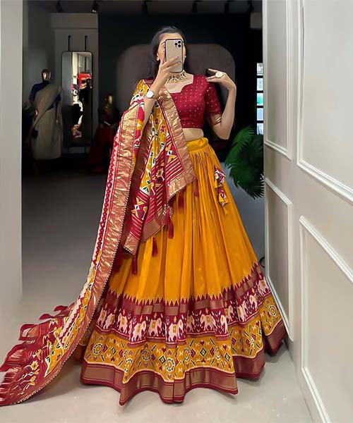 Yellow Tusser Silk  Casual Wear Lehenga
