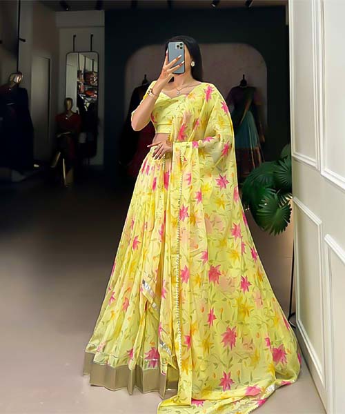 Yellow Tabby Silk Casual Wear Lehenga