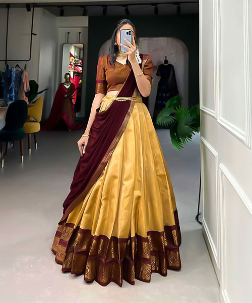 Yellow Kanchipuram Casual Wear Lehenga in ripon