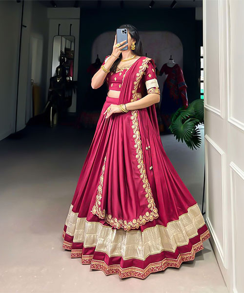 Red Vichitra Silk Party Wear Lehenga in ripon