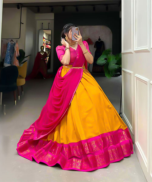 Yellow Kanchipuram Casual Wear Lehenga in ripon