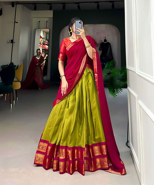 Green Kanchipuram Casual Wear Lehenga in ripon