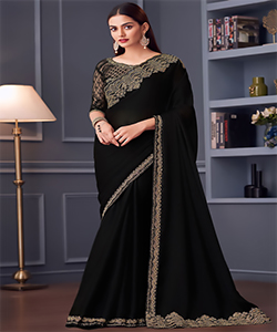 Black Sartin Chiffon Partywear Saree