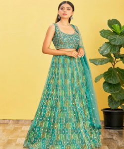 Multicolor & Teal Green Organza & Slub Silk & Soft Net Printed Lehenga