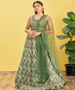 Multicolor & Mehendi Chinnon & Slub Silk & Soft Net Printed Lehenga