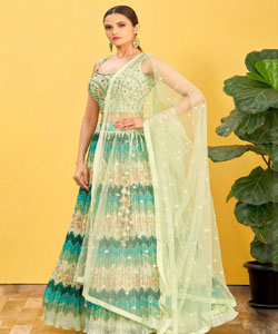 Multicolor & Pista Green Chinnon & Slub Silk & Soft Net Printed Lehenga