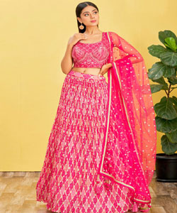 Rani Pink Chinnon & Slub Silk & Soft Net Printed Lehenga