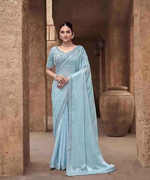 Sky Blue Gradient Satin Silk Designer Saree