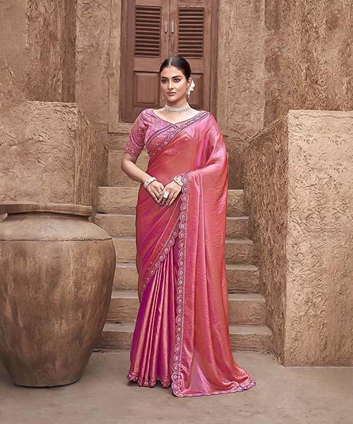 Red Gradient Satin Silk Designer Saree