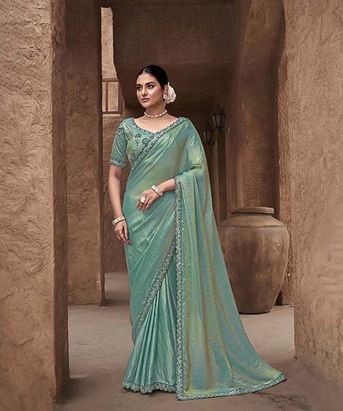 Cyan Gradient Satin Silk Designer Saree