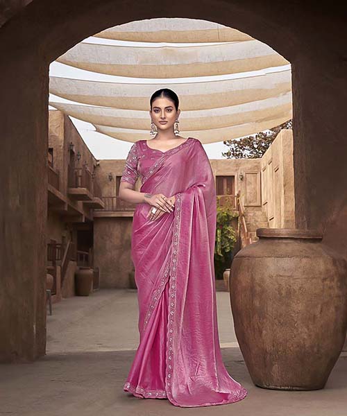 Dark Pink Gradient Satin Silk Designer Saree