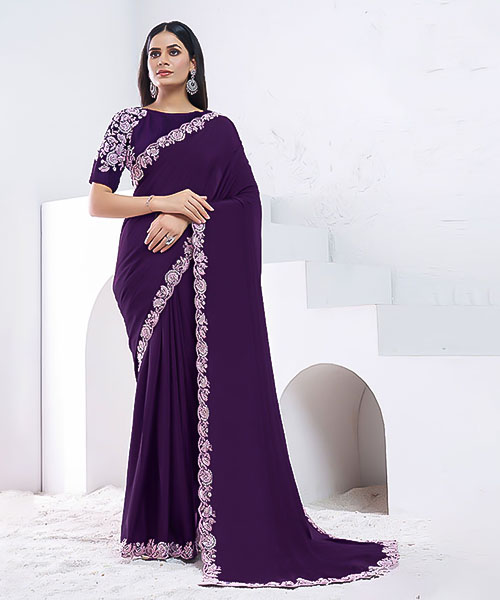 Violet Pure Crepe Silk Party Wear Saree in westminster