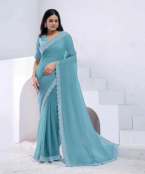 Sky Blue Crush Pure Silk Party Wear Saree in middlesbrough