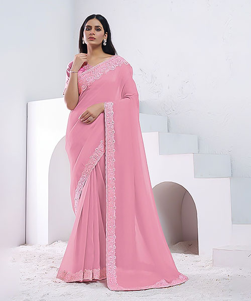 Pink Crepe Shimmer Silk Party Wear Saree