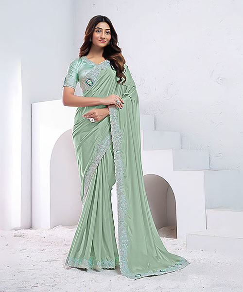 Cyan Pure Crepe Silk Party Wear Saree in omaha