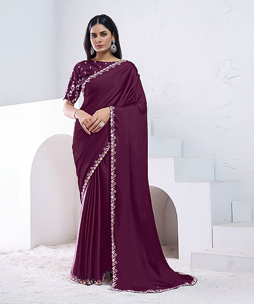 Violet Crepe Satin Silk Party Wear Saree