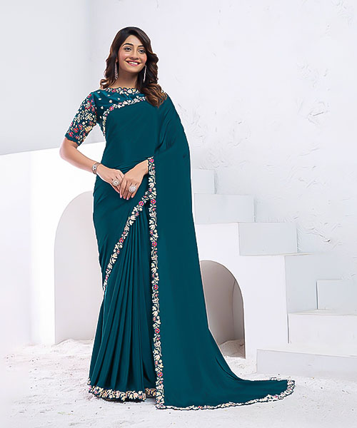 Blue Pure Crepe Silk Party Wear Saree