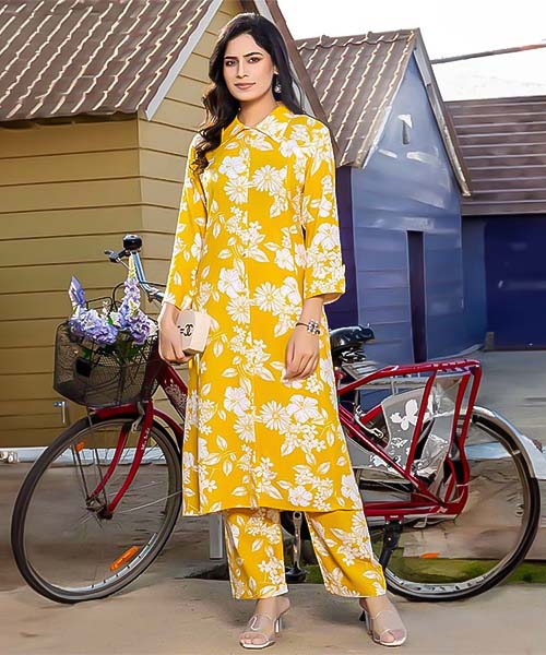 Yellow Rayon Printed Kurti in delhi