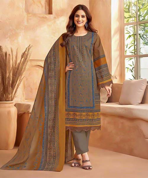 Brown Cotton Printed Salwar Kameez in oxford