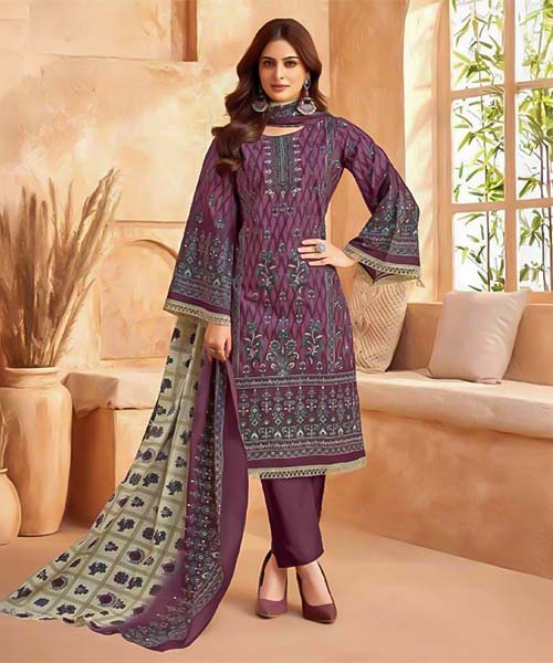 Purple Cotton Printed Salwar Kameez in oxford