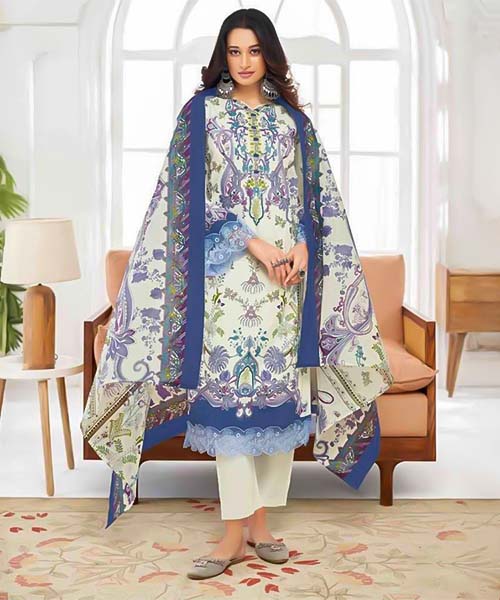 White Lawn Cotton Printed Salwar Kameez in bolton